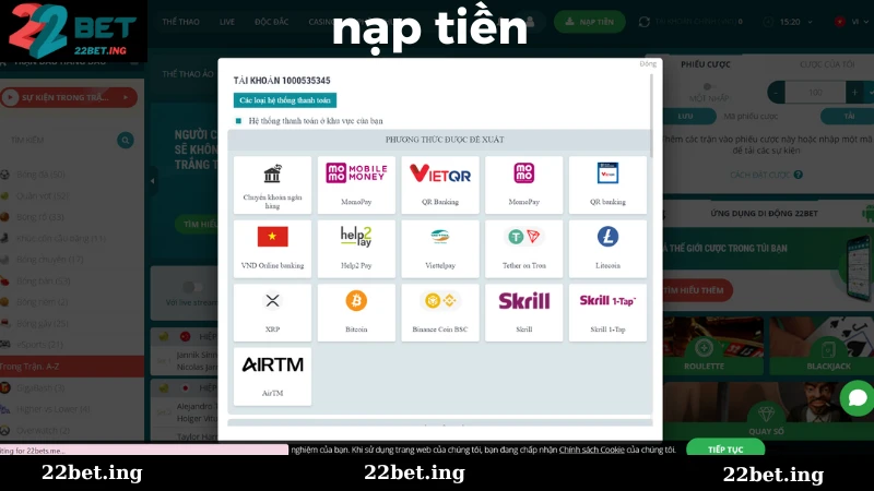 Nạp tiền 22bet