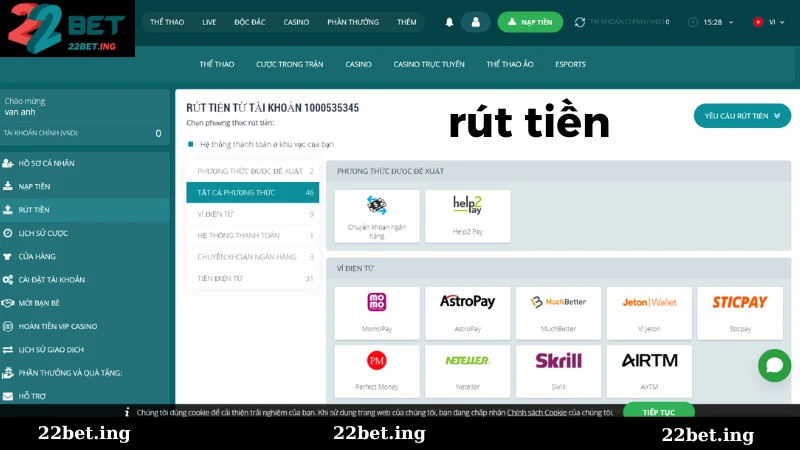 Rút tiền 22Bet